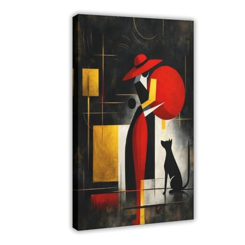 Toile femme chat rouge grand format tableau décoration murale