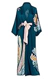 Women's Charmeuse Kimono Robe Long - Watercolor Floral - Peacock Feather- Teal (Blue)