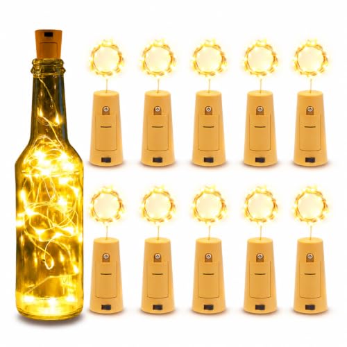 Image of One94Store 20 LED Wine Bottle Cork Copper Wire String Lights - 2M Battery Operated Warm White, Pack of 10 for Romantic Decor, Valentine Day Gift