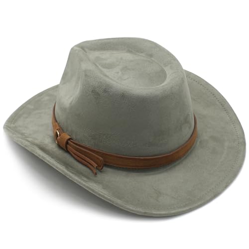 Image of Unisex Western Suede Cowboy Cowgirl Hat Classic Wide Brim Fedora Hat for Men &Women