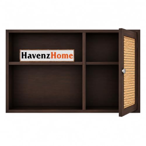 Image of Solid Sheesham Wood Wall Mounted Cabinet with Rattan Door, 71x46x18 cm | Sheesham Wall Mount Shelf, Book Storage Rack for Living Room | Bedroom | (Dark Walnut Can)