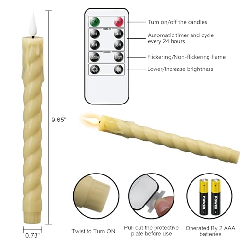 Image of Flickering Flameless Taper Candles with Remote and Timer, 2 Pack Battery Operated LED Taper Candles 3D Wick Plastic Dripping Effect Dinner Wedding Holiday Decor(Ivory, 0.78 inch D x 9.65 inch H)