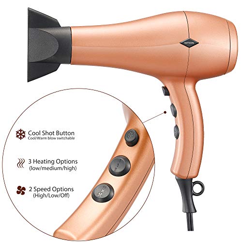 Nition Negative Ions Ceramic Hair Dryer With Diffuser Attachment Ionic Blow Dryer Quick Drying,1875 Watt 2 Speed / 3 Heat Settings,Cool Shot Button,Lightweight,Champagne Gold #TOP2