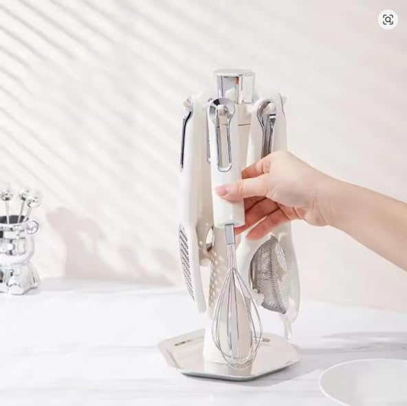 7-Piece Kitchen Gadgets Set with Stand, Premium Stainless Steel & White Kitchen Utensils with Ergonomic Handles, Includes Peeler, Grater, Whisk, Pizza Cutter, Strainer & Bottle Opener, Space-Saving