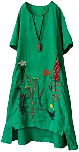 Minibee Women's Embroidered Linen Dress Summer A-Line Sundress Hi Low Tunic Clothing Green L