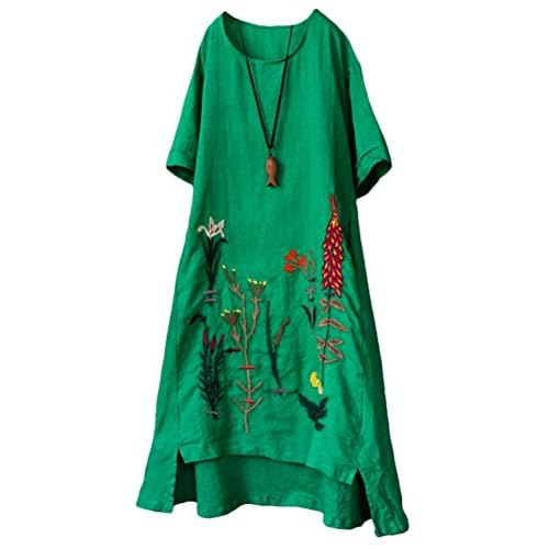 Mallimoda Damen Rundhals Kurzarm Sommerkleid Embroidery Leinen Kleider Art 1-Grün XL