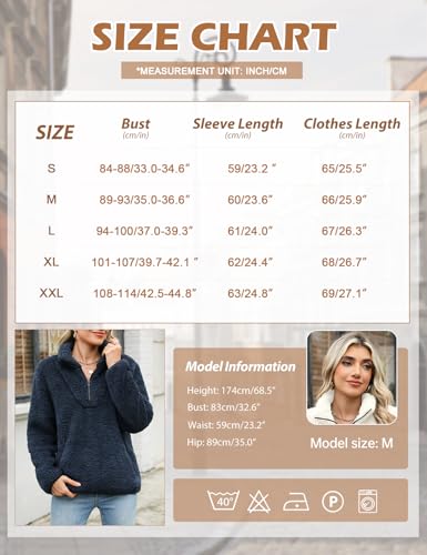 Tuopuda Pullover Damen Sweatshirt Herbst Winter Flauschig Pulli Fleece Weich Langarmshirt mit 1/4 Zip Taschen Langarm Locker Oberteile Tops Shirts Winterpullover ohne Kapuze, Marine, L