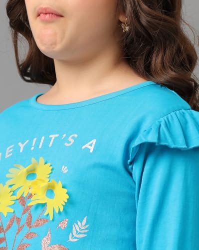 Image of Girls Cotton Tops Collection - Round Neck, Crop Top, Full & Half Sleeve, Drop Shoulder, Ruffle Sleeve, Graphic Printed, Embroidered & Slub Knit Styles, Soft Breathable Fabric for Kids Casual Wear