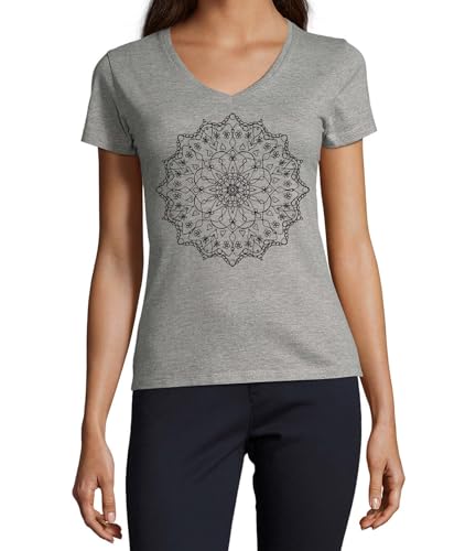 T-shirt Flower of Life col en V coton femme gris vetement basique
