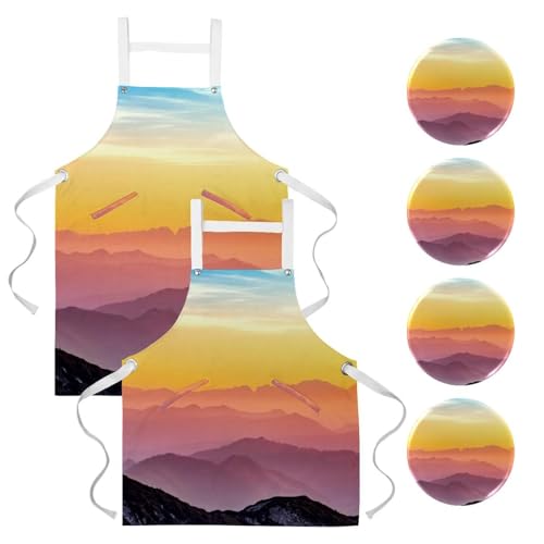 Lot de 2 tabliers de cuisine avec paysage de montagne et 4 broches pour bistrot