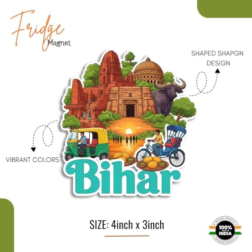Image of Bihar Fridge Magnet, Indian Tourism Design with State Famous Items Cultural Theme Typography, Indian State Souvenir Fridge Magnet Size 4x3 Inches | Pack of 1