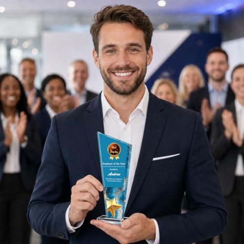 Image of Custom Crystal Trophy Award Personalized Plaque Award with Text Logo Photo Awards Trophies for Employee Recognition Team Graduation Personalized Office Gifts for Boss Coworker Teacher