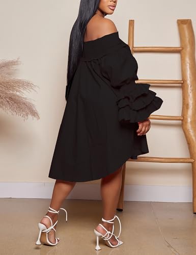 Image of WOKANSE Party Dresses for Women Off Shoulder Layered Flare Sleeve A line Ruched Plus Size Midi Summer Dress