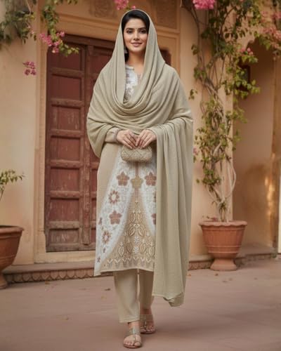 Image of KTI Full Sleeve Knee Length Floral Design Woolen Fabric 3 PC Kurti Set for Women Art NO-94164
