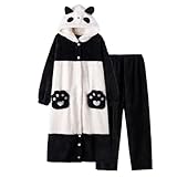 Brrioe Women's Cute Robe Button Bathrobe - Hooded Plush Sleepwear with Kawaii Pattern and trousers Sets(panda-S)