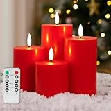 JOIONE Red Flameless Pillar Candles with Remote Set of 4, Battery Operated Real Wax LED Candles, Perfect for Christmas Window, Romantic Dinner & Holiday Xmas Decor