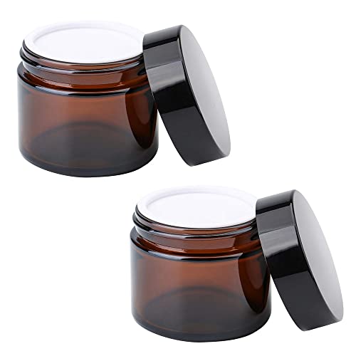 KingYH 2 Stück Cremedose Leer 60ML Amber Glas Flasche Leere Nachfüllbare Behälter Braunen Glasbehälter mit Deckel und Liner Transparent Tiegel für Kosmetik Cremes Lotionen ätherische Öle Pulver Cover