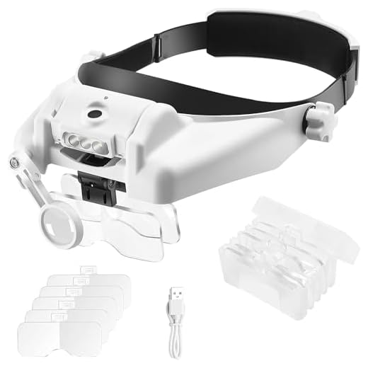 Elikliv Headband Magnifying Glass with Light 1X to 14X, Rechargeable Handsfree Head Mount Magnifier, 6 Detachable Lens Visor Loupe Tool for Close Work Reading Jewelry Craft Repair Cross Stitch