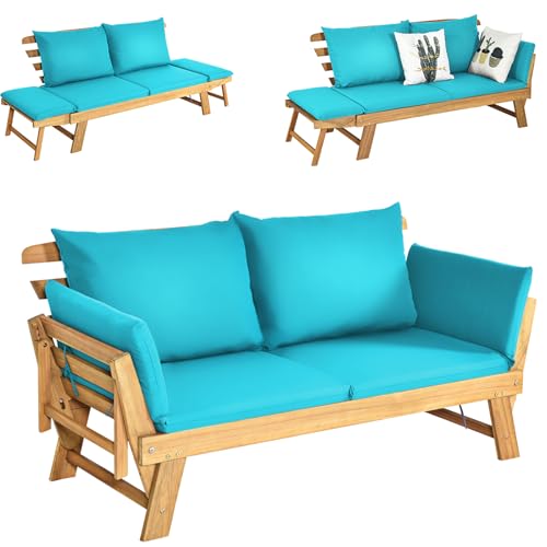 KOMFOTTEU Divano Esterno Giardino 2 Posti, 2 in 1 con Cuscino Morbido, Divanetto da Esterno in Legno di Acacia con Braccioli Regolabili, Sdraio per Terrazza e Cortile, 198/157 x 75 x 75 cm (Turchese)