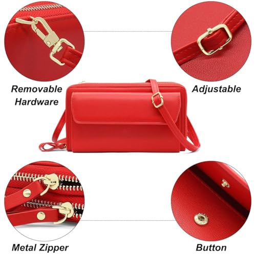 Image of Women Leather Wallet Crossbody Shoulder Bag with Double Zipper and Mobile Phone Purse with Shoulder Strap