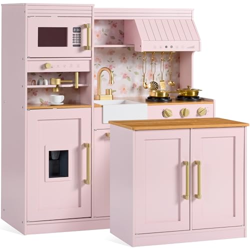 Best Choice Products Pretend Play Kitchen for Kids Interactive Wooden Toddler Playset with Island Espresso Machine 17 Accessories - Pink