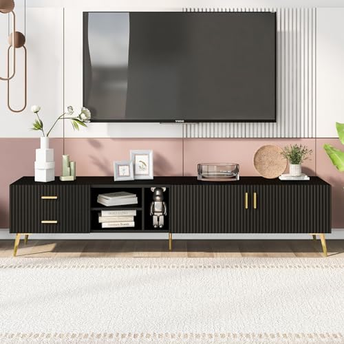 Modern TV Stand Cabinet: Spacious Media Entertainment Center for 77" Television with Golden Legs | Study Wood TV Console with Storage Drawers and Open Shelves for Living Room - White