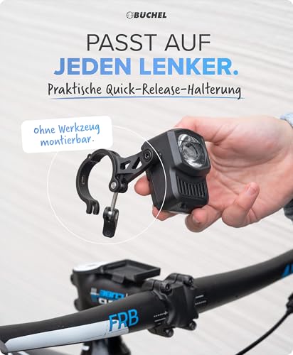 Büchel LED Fahrradlicht Vorne - USB-C Fahrradlampe Vorne mit 8h Leuchtdauer, Kontrollanzeige & 4 Leuchtmodi (15-60 Lux) - StVZO-Konformes Rennrad Licht - Werkzeugfreie Montage