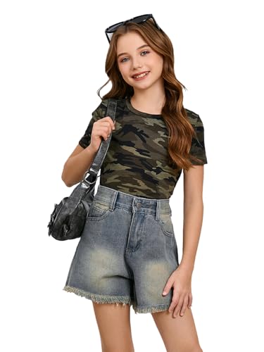 WDIRARA Girl's Camo Print Short Sleeve T Shirt Crew Neck Tee Casual Top