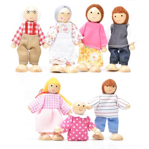 Handlive 7-Piece Wooden Dolls for Dollhouse Family Set Mini People Figures for Doll House People Role Play