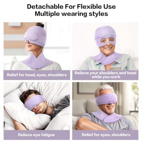 Image of Migraine Relief Cap and Neck Ice Pack Wrap with Ice Eye Masks,3 in 1 Detachable Hot and Cold Therapy Headache Relief Cap for Headaches, Stiff Neck,Eye Fatigue, Tension and Pain (Light Purple)