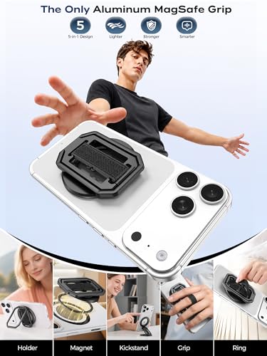 Image of 【On-the-Go】 Pro Aluminum Phone Grip Stand for MagSafe,【Extendable】 360 Rotatable Magnetic Ring Holder with【Anti-Slip】 Finger Strap for iPhone 17 16 Pro Max Portrait Landscape & Mag Safe Case - Black