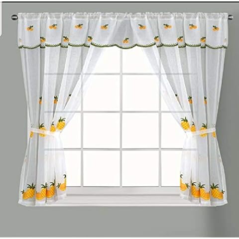 Householdfurnishing Embroidered Kitchen Window Pair Curtains Set Rod Pocket with Attached Valance & Tiebacks (Yellow White, W 48 x L 48 Inch) Cover