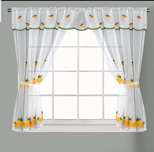 RCYF Embroidered Kitchen Window Pair Curtains Set Rod Pocket with Attached Valance & Tiebacks (Yellow White W 99 x L 42 Inch)