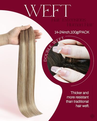 Image of Moresoo Weft Hair Extensions Human Hair, Balayage Light Brown to Blonde | 14 Inch 100g, Remy human hair adds light dimension, ideal for daytime wear, work looks and soft layered styling