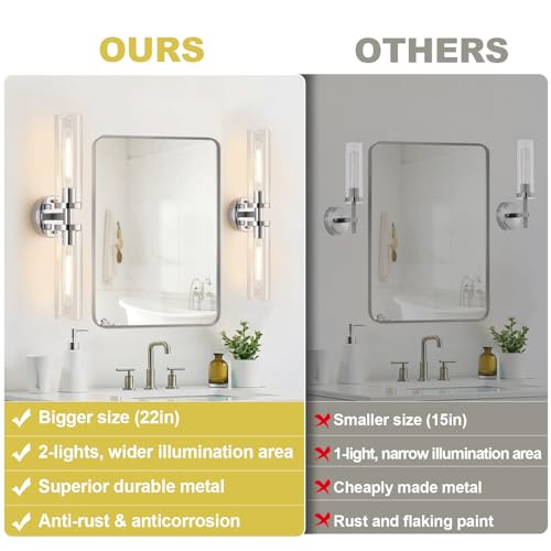 Image of Indoi Wall Sconces Set of Two, Hardwired Chrome Bathroom Sconces Wall Lighting with Clear Glass, Modern Sconces Wall Decor Set of 2 Bathroom Light fixtures for Mirror Living Room Hallway Bedroom