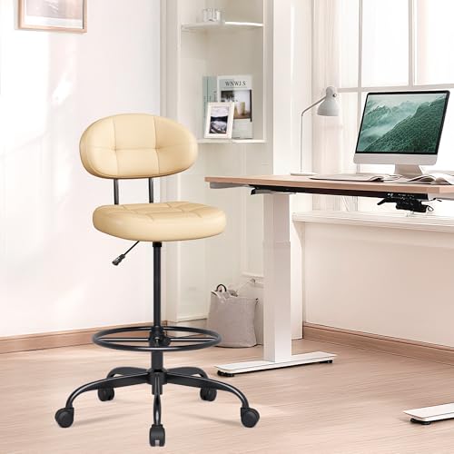 Image of Misolant Drafting Chair Without Arms, Tall Office Chair with Footrest Ring for Standing Desk, Small Faux Leather Executive Office Chair with Adjustable Height for Bar Lab Counter Height Desk, Khaki