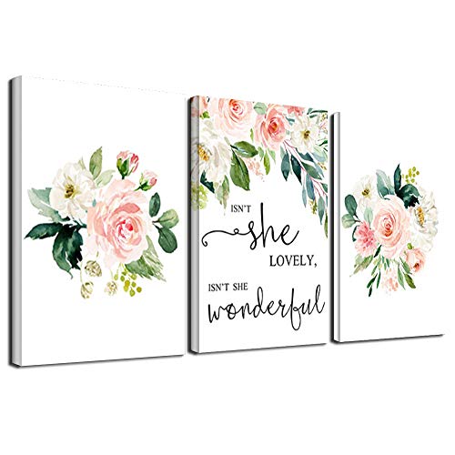 Image of SLLART Floral Wall Art Canvas Poster Quotes Posters and Prints Watercolor Flower Picture Nursery Painting Pink Print Girl Room Decor 3P/Set (40x60cm) Frameless