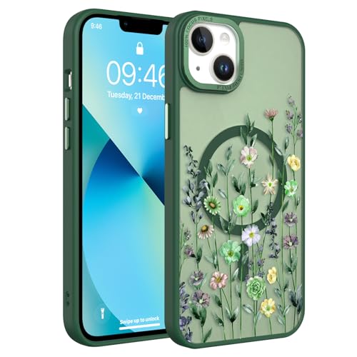 Image of Magnetic for iPhone 13 Case with for Women Girls, Green Flower | Pretty Floral Pattern Design [Compatible with MagSafe] Shockproof Slim Translucent Matte Non-Slip Protective Cover