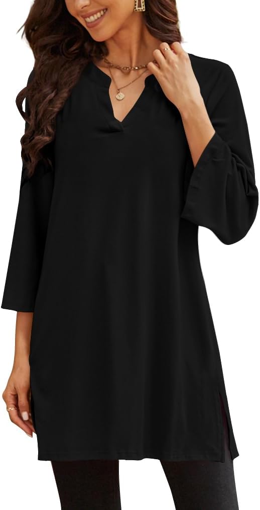 Poetsky Womens Tunic Tops 3/4 Bell Sleeve Loose Fit Tunics Dressy Casual Side Split Flare Top for Leggings S-3XL