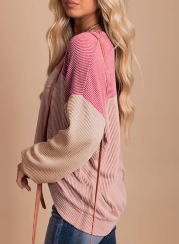 Image of Dokotoo Womens Tops Fashion 2026 Color Block Long Sleeve Shirts for Women Crewneck Knitted Casual Loose Blouses