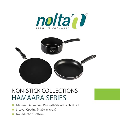 Image of Nolta FMS 3-Piece Cookware Set, ISI Certified, 1yr Replace Guarantee (Fry Pan 24cm + Multi Tawa 26cm + Sauce Pan 20cm) Premium Non Stick Coating PFOA Free Kitchen Collection