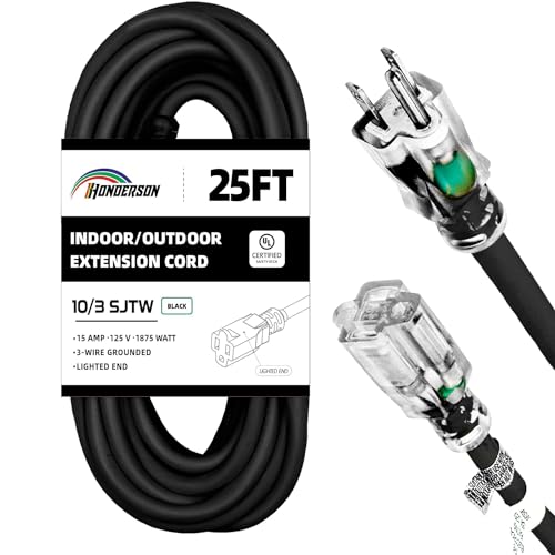 HONDERSON Indoor Outdoor Extension Cord Weatherproof with Lighted End, UL Listed, 10 Gauge 25FT Black 3 Prong Heavy Duty, 10/3 SJTW 15A Power Cord for Outdoor Lights, Lawn