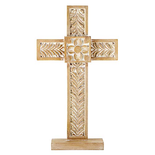 Creative Brands Faithworks - Whitewashed Wood Cross, 8 x 14-Inch, Carved Floral - Standing