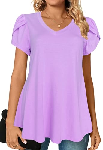 Afibi Womens Summer V Neck Loose Dressy Shirts Petal Short Sleeve Tunic Tops (Large, Lavender)