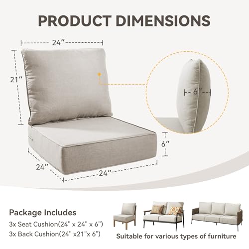 Image of Outdoor Cushion Set for Patio Furniture, UV Resistant, Water Resistant - 6 Inch Thick Foam Garden Cushions- 24x24 Inch Patio Seat Covers for Chair /Sofa /Couch | Beige | 3-Pack |