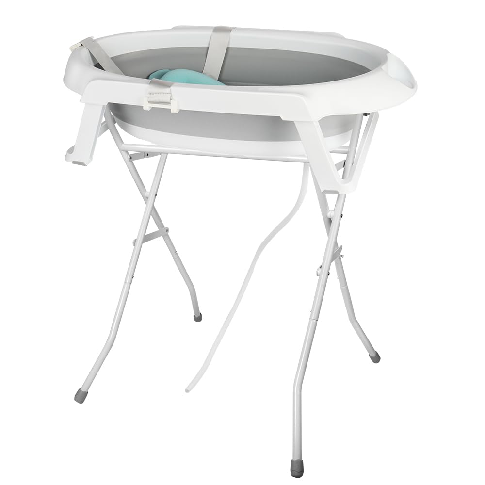Baignoire Bébé Pliable XXL 2 en 1 sur Pied avec Support, Coussin, Drainage pour Nouveau-nés et Tout-petits (Gris)