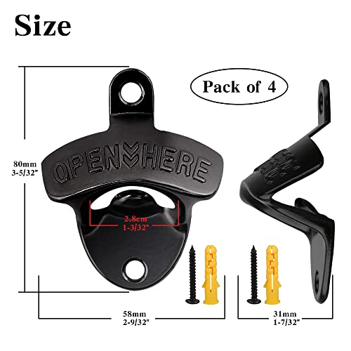 4 Pcs Bottle Opener Wall Mounted, Antique Metal Beer Bottle Top Openers Hardware With Mount Screws Set, Outdoor, Rustic, Cabinet, Vintage Bar (Black) #TOP4