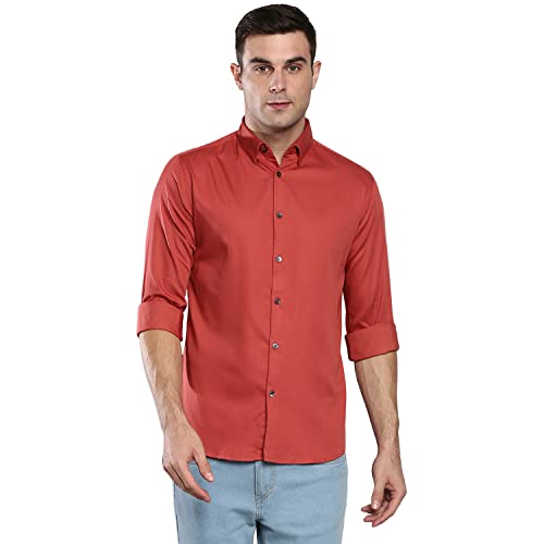 Dennis Lingo Men’s Solid Tomato Slim Fit Satin Lycra Casual Shirt with Concealed Button Down & Full Sleeves