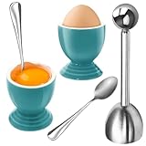 vibedor Colorful Soft Boiled Eggs Cups Set, 2 Ceramic Egg Stands and 1 Stainless Steel Egg Cutter, 2 Perfect Egg Spoons for Kitchen and Breakfast Host(Caribbean)