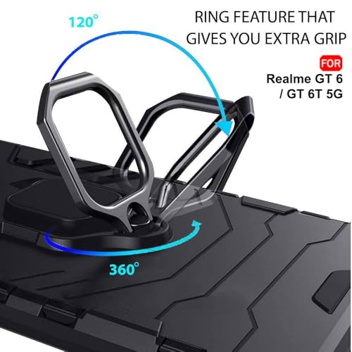 Image of TheGiftKart Tough Armor Bumper Back Case Cover for Realme GT 6 / GT 6T 5G | Ring Holder & Kickstand in-Built | 360 Degree Protection Back Case Cover for Realme GT 6 / GT 6T 5G (PC & TPU, Black)
